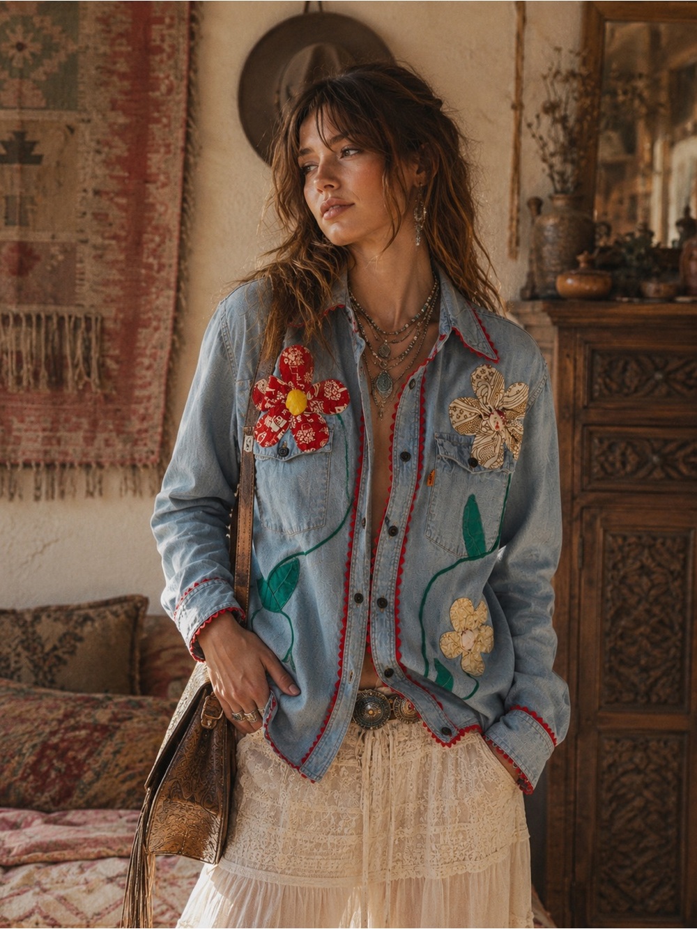 VTG Orange Tab Levi's Light Blue Denim Shirt Floral Quilt Flowers Red Ric Rac
